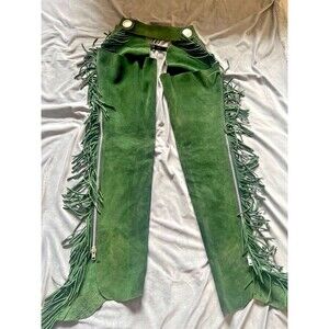 Green Suede Wide-Leg Fringe Pants